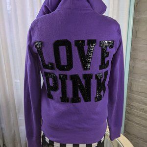 2011 Vintage HTF VS PINK Thick Faux Fur Hoodie Jacket w/ Sequins LOVE PINK XS